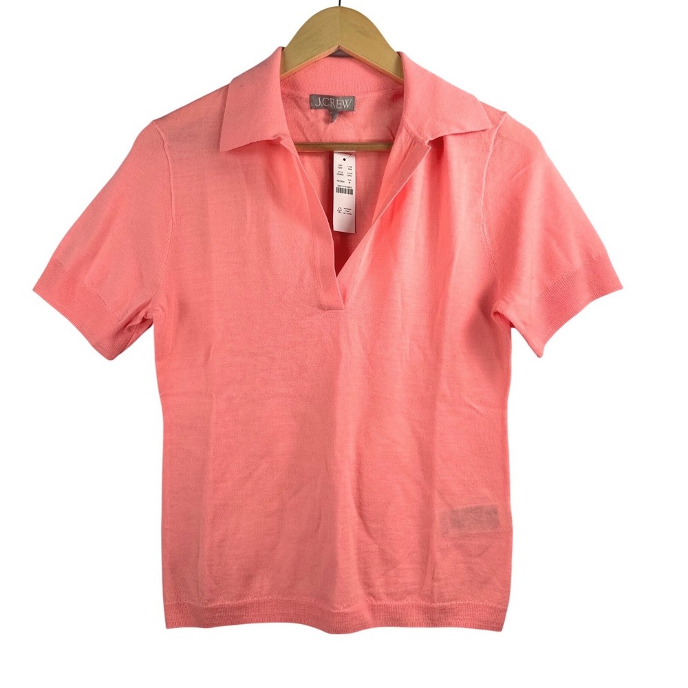 J.Crew Merino Wool Polo Sweater Size M Pink Short Sleeve preppy money‎ classic